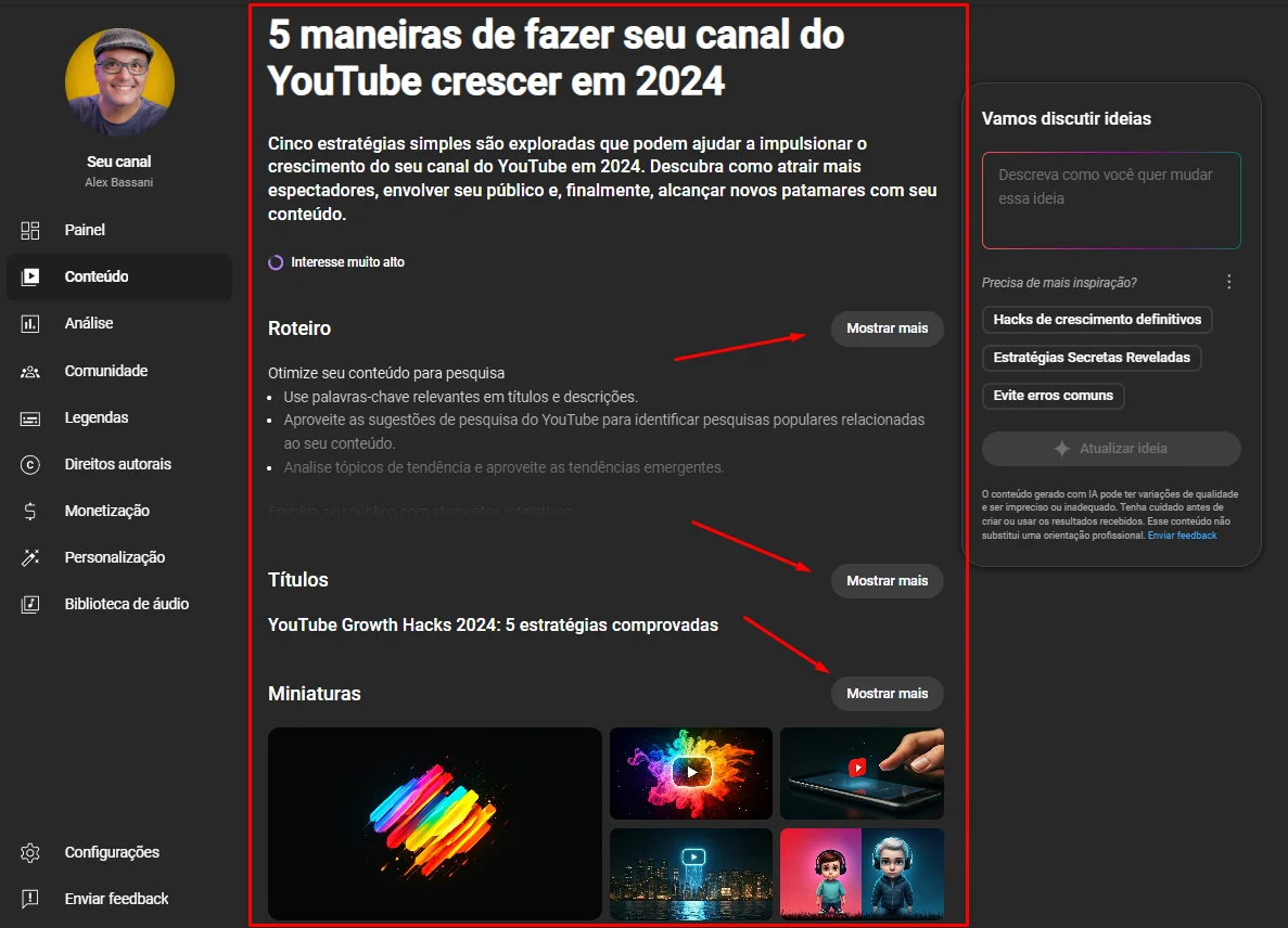 Exemplo de sugestões e planejamento de vídeo no YouTube Studio