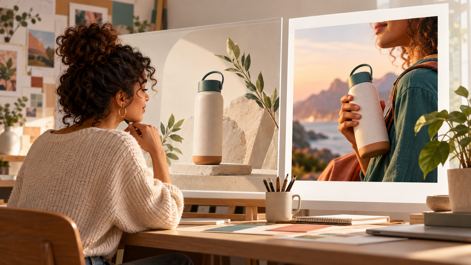 Criadora analisa uma composição de produto enquanto uma imagem de uso aparece separada em um quadro próprio