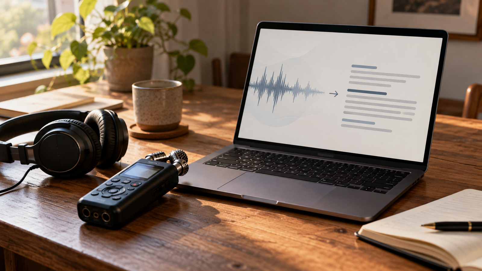 Gravador portátil e fones ao lado de um laptop que mostra uma forma de onda se convertendo em texto