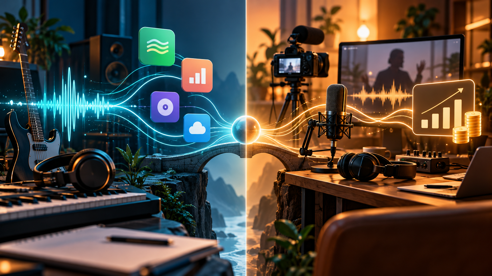 Duas rotas de criação: uma faixa musical segue para plataformas por uma distribuidora, enquanto um videocast original segue para um programa de monetização