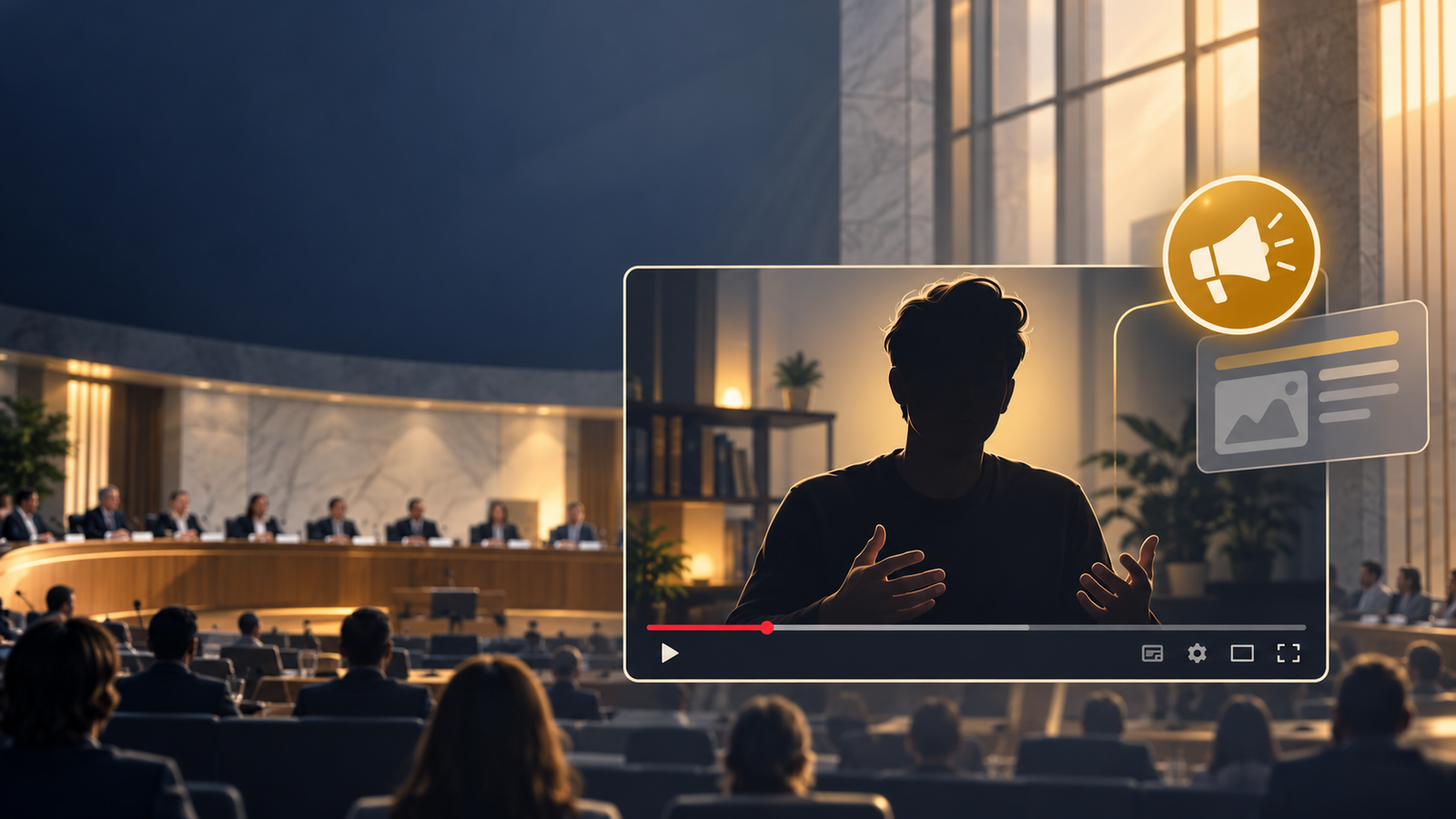 Ilustração de uma cobertura em vídeo de uma audiência pública, representando a análise de anúncios em conteúdo de interesse público
