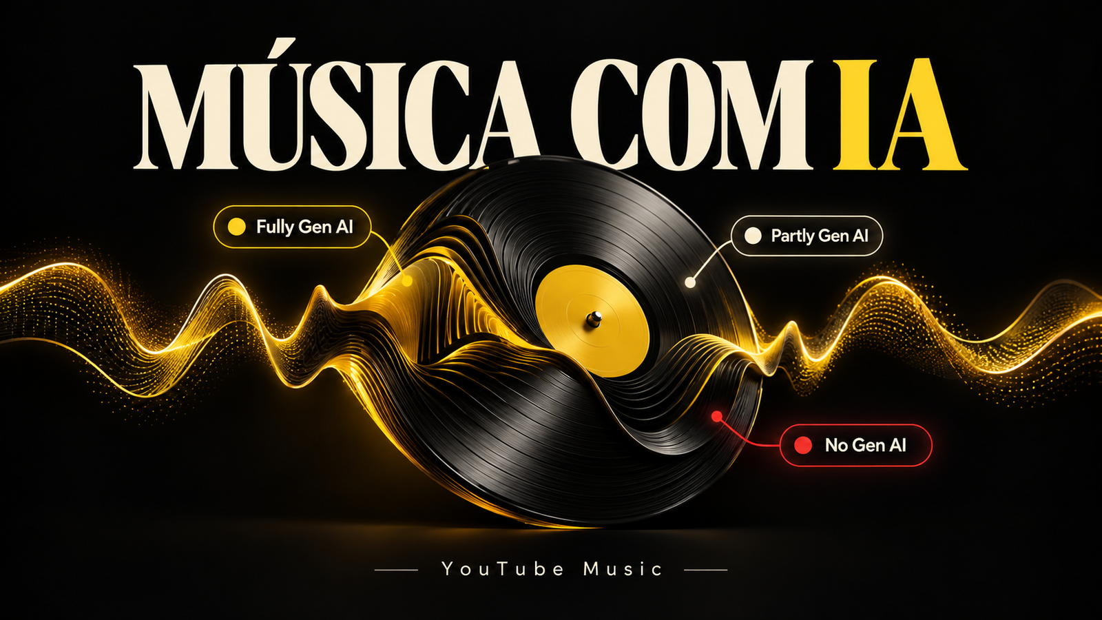 Disco e ondas sonoras com os termos Fully Gen AI, Partly Gen AI e No Gen AI em uma ilustração editorial